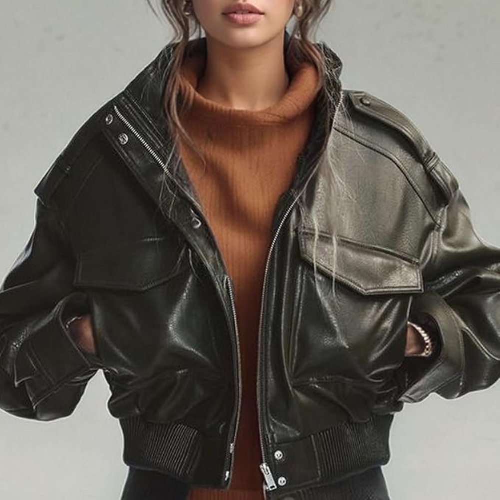 Stylish Black Faux Leather Jacket for Women -- Crop Style
